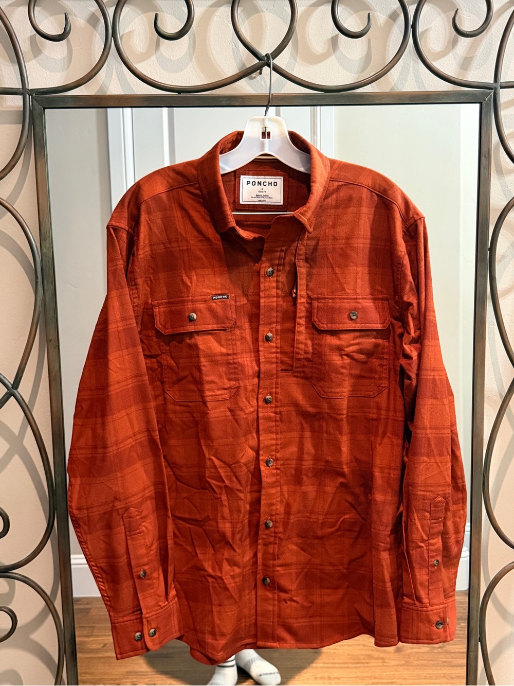 PONCHO Mens Western Flannel Shirt Small Slim Fit Red Burnt Orange Magnetic